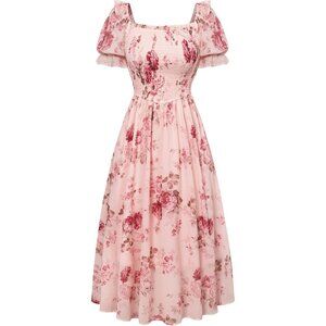 Women's Cottagecore Puff Sleeve Floral Maxi Dress Flowy Smocked Summer
